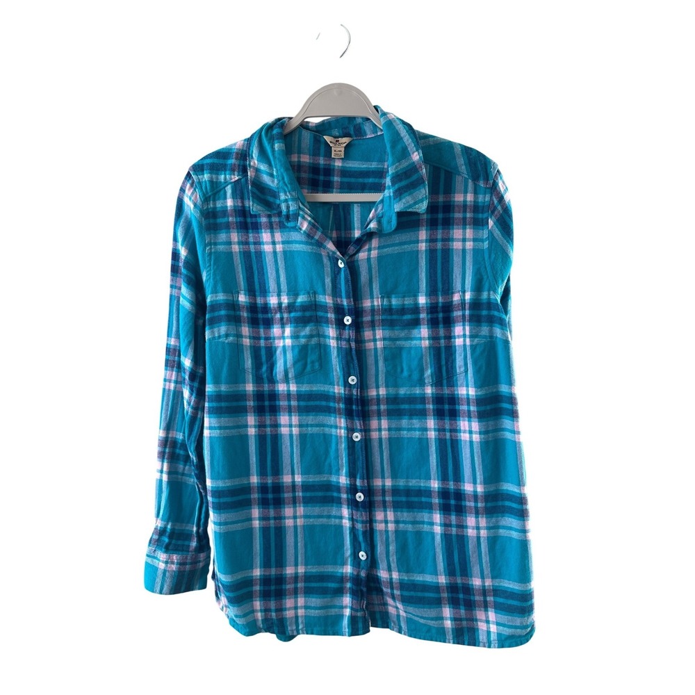 Woolrich Retro Teal Pink Plaid Flannel Button Down Shirt XL Outdoors,‎ Cotton